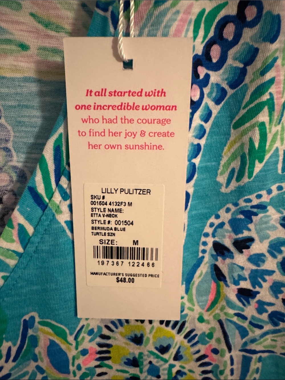 Lilly Pulitzer Teal Blue Etta V-Neck Tropical Print Tee size M Bermuda blue - Picture 2 of 7